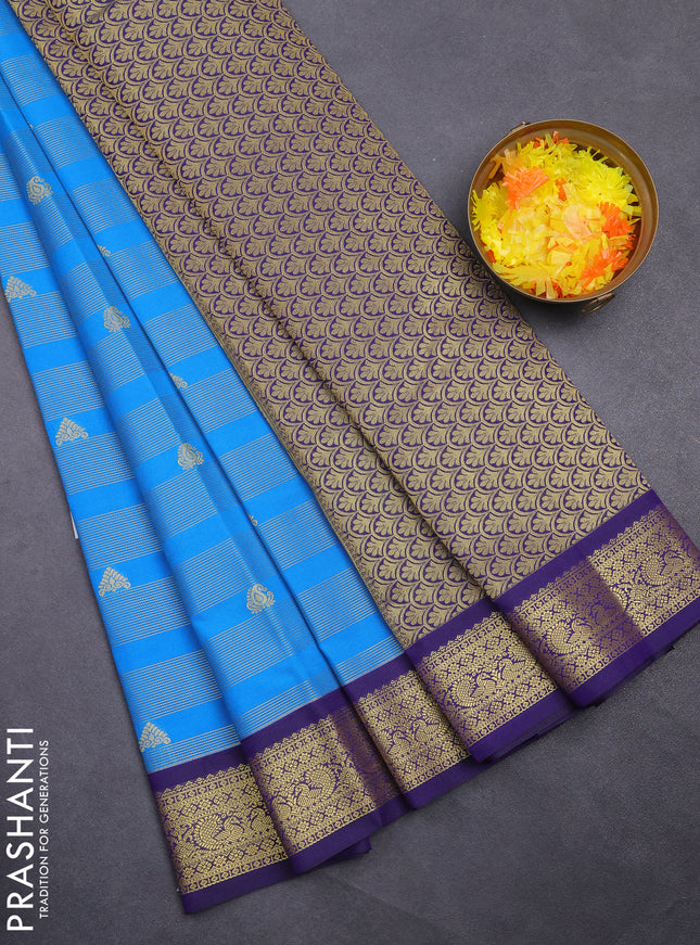 Semi kanchipuram silk saree cs blue and dark blue with allover zari weaves & buttas and zari woven korvai border