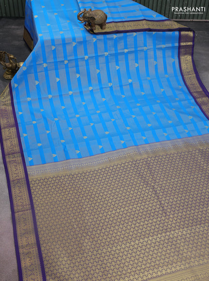 Semi kanchipuram silk saree cs blue and dark blue with allover zari weaves & buttas and zari woven korvai border