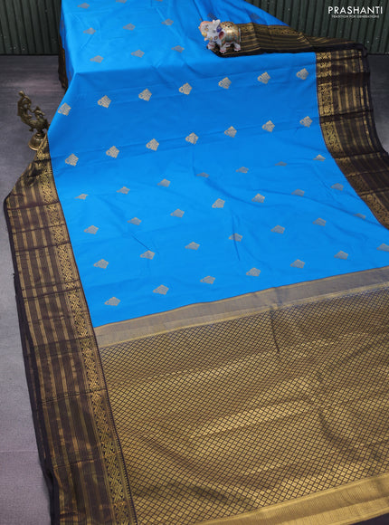 Semi kanchipuram silk saree cs blue and deep coffee brown with zari woven buttas and zari woven korvai border