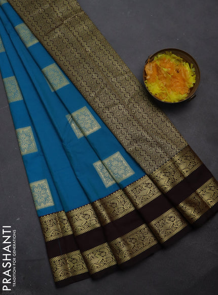 Semi kanchipuram silk saree cs blue and deep maroon with zari woven box type buttas and rettapet zari woven korvai border