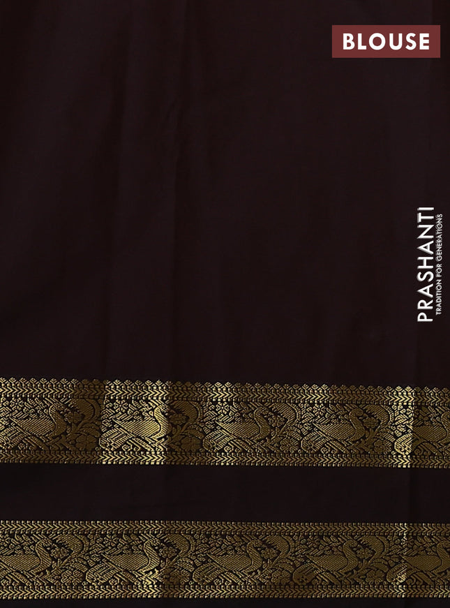 Semi kanchipuram silk saree fluorescent green and coffee brown with zari woven box type buttas and rettapet zari woven korvai border
