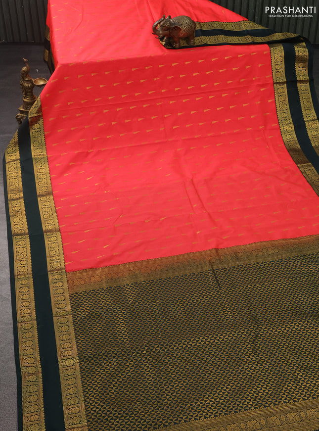 Semi kanchipuram silk saree candy pink and bottle green with zari woven buttas and rettapet zari woven korvai border