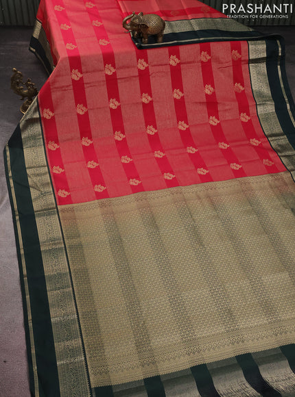Semi kanchipuram silk saree pink and bottle green with allover zari stripes & buttas and rettapet zari woven korvai border