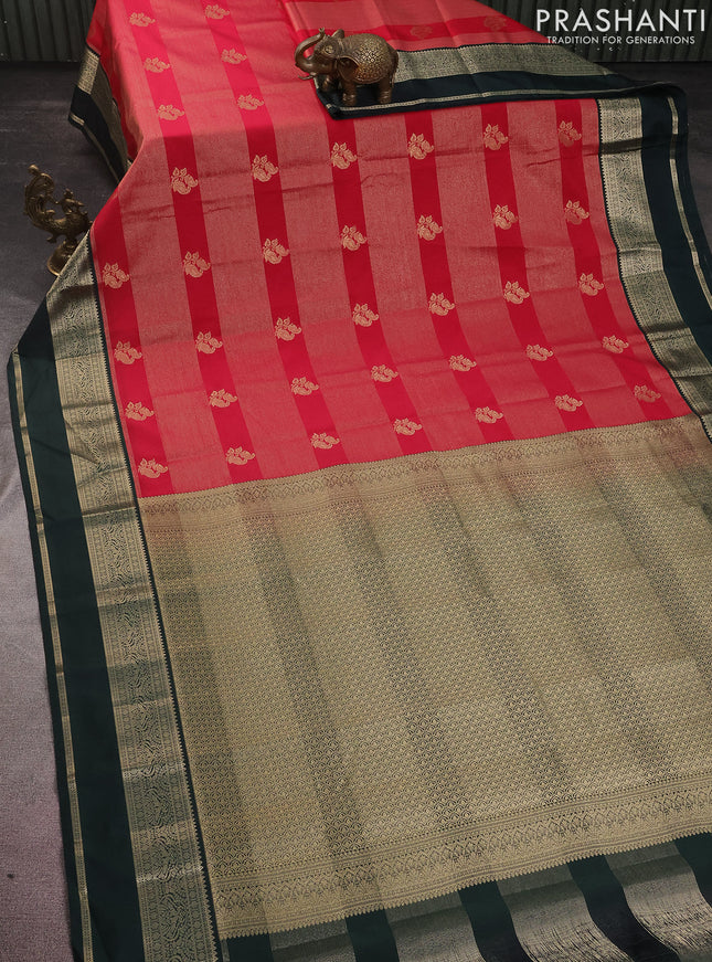 Semi kanchipuram silk saree pink and bottle green with allover zari stripes & buttas and rettapet zari woven korvai border