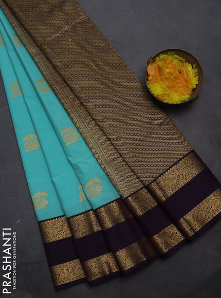 Semi kanchipuram silk saree teal blue and deep jamun with zari woven buttas and rettapet zari woven korvai border