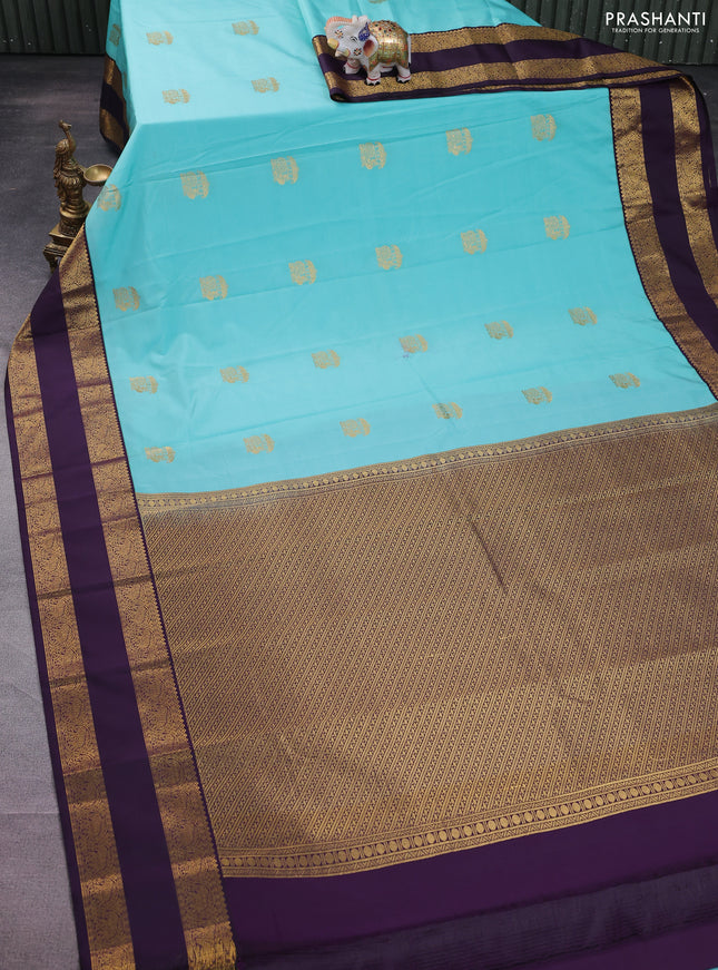Semi kanchipuram silk saree teal blue and deep jamun with zari woven buttas and rettapet zari woven korvai border