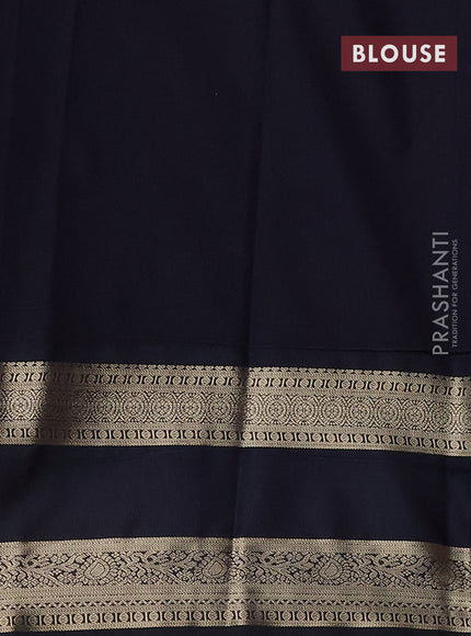 Semi kanchipuram silk saree mango yellow and dark navy blue with allover zari woven stripes pattern and rettapet zari woven korvai border