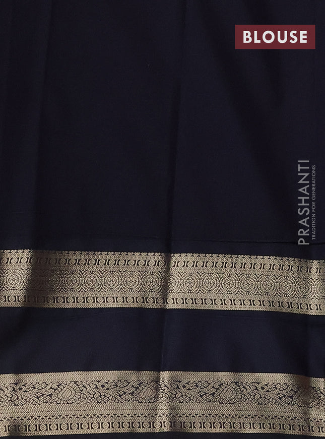 Semi kanchipuram silk saree mango yellow and dark navy blue with allover zari woven stripes pattern and rettapet zari woven korvai border