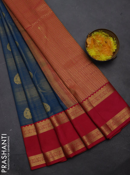 Semi kanchipuram silk saree peacock blue and pink with allover zari stripes & buttas and rettapet zari woven korvai border