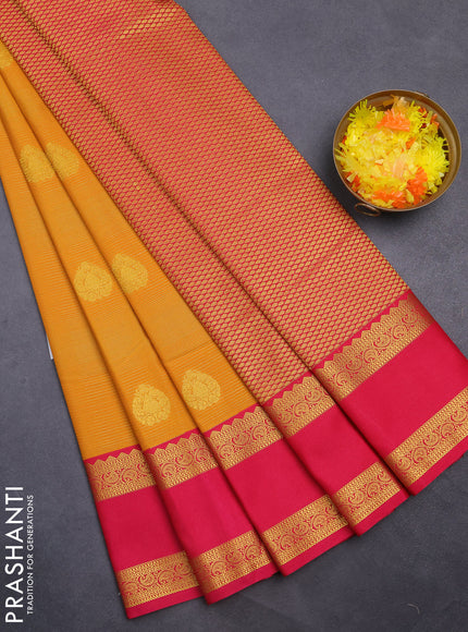 Semi kanchipuram silk saree mango yellow and pink with allover zari woven stripes pattern & buttas and rettapet zari woven korvai border