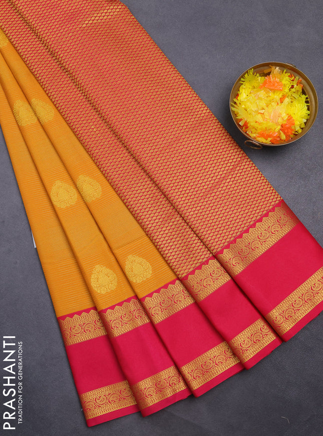 Semi kanchipuram silk saree mango yellow and pink with allover zari woven stripes pattern & buttas and rettapet zari woven korvai border