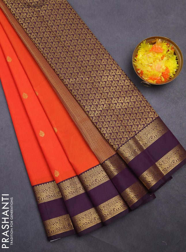 Semi kanchipuram silk saree orange and deep jamun with zari woven buttas and rettapet zari woven korvai border