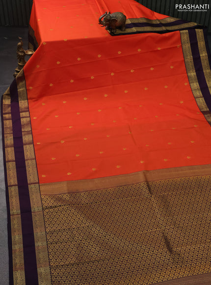 Semi kanchipuram silk saree orange and deep jamun with zari woven buttas and rettapet zari woven korvai border