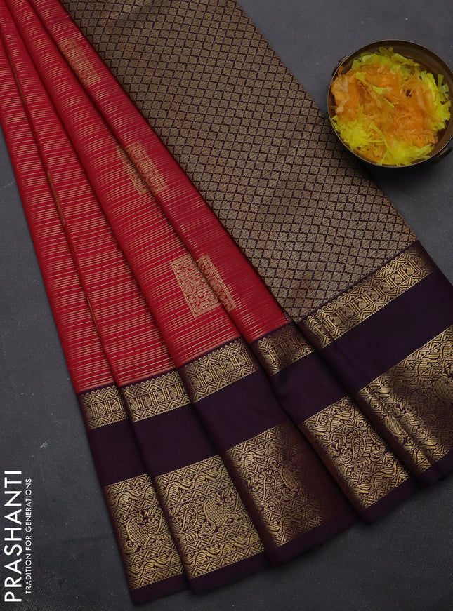 Semi kanchipuram silk saree pink and wine shade with allover weaves & box type buttas and zari woven korvai border