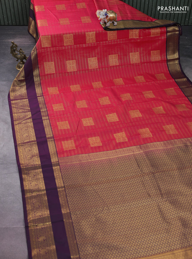 Semi kanchipuram silk saree pink and wine shade with allover weaves & box type buttas and zari woven korvai border