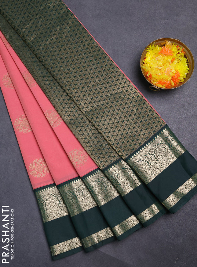 Semi kanchipuram silk saree peach pink and bottle green with zari woven buttas and rettapet zari woven korvai border