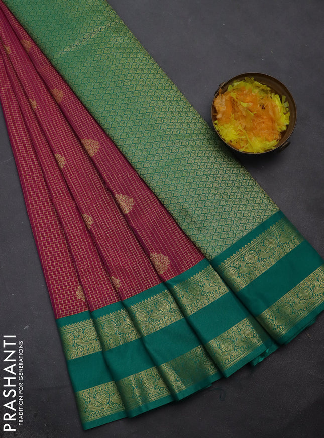 Semi kanchipuram silk saree pink and teal green with allover small zari checks & buttas and zari woven korvai border