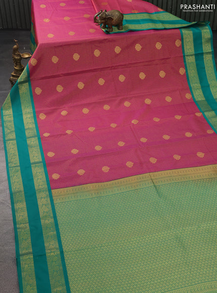 Semi kanchipuram silk saree pink and teal green with allover small zari checks & buttas and zari woven korvai border
