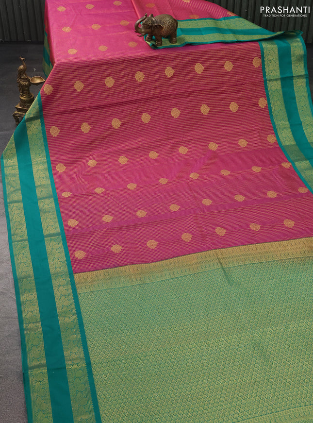 Semi kanchipuram silk saree pink and teal green with allover small zari checks & buttas and zari woven korvai border