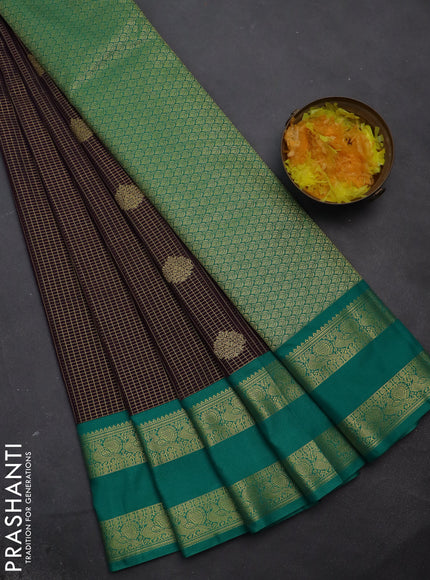 Semi kanchipuram silk saree deep jamun and teal green with allover small zari checks & buttas and zari woven korvai border