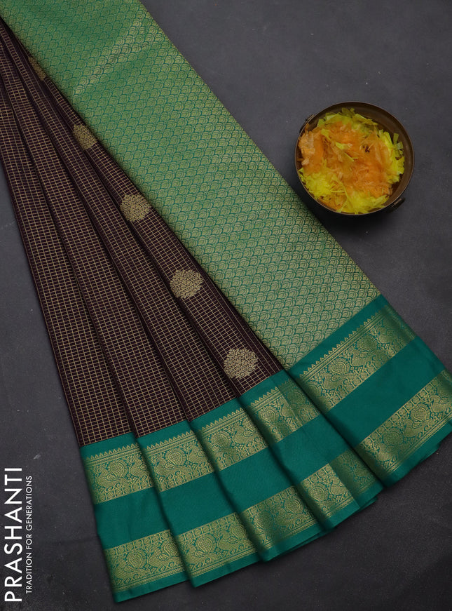 Semi kanchipuram silk saree deep jamun and teal green with allover small zari checks & buttas and zari woven korvai border