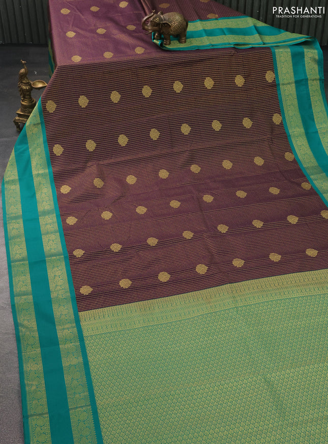 Semi kanchipuram silk saree deep jamun and teal green with allover small zari checks & buttas and zari woven korvai border
