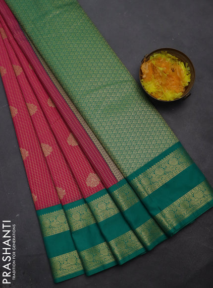 Semi kanchipuram silk saree pink and teal green with allover small zari checks & buttas and zari woven korvai border