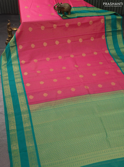 Semi kanchipuram silk saree pink and teal green with allover small zari checks & buttas and zari woven korvai border