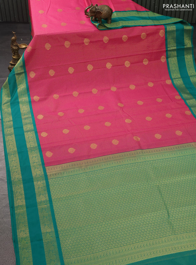 Semi kanchipuram silk saree pink and teal green with allover small zari checks & buttas and zari woven korvai border