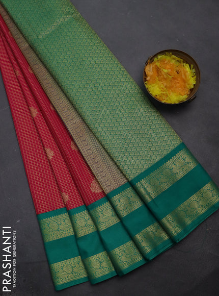 Semi kanchipuram silk saree pink and teal green with allover small zari checks & buttas and zari woven korvai border