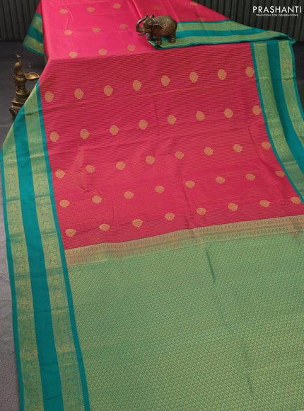 Semi kanchipuram silk saree pink and teal green with allover small zari checks & buttas and zari woven korvai border