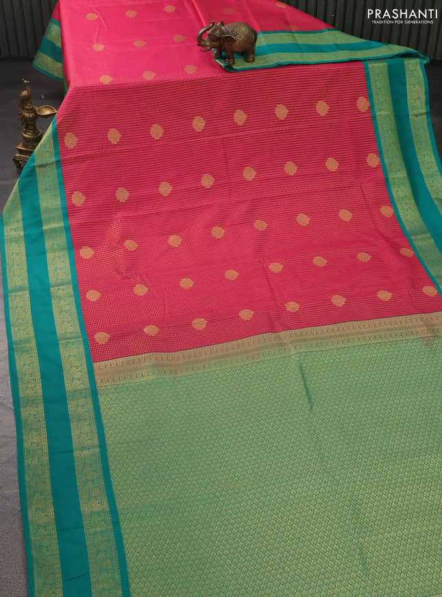 Semi kanchipuram silk saree pink and teal green with allover small zari checks & buttas and zari woven korvai border