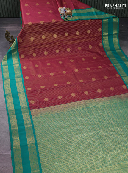 Semi kanchipuram silk saree dual shade of maroon and teal green with allover small zari checks & buttas and rettapet zari woven korvai border