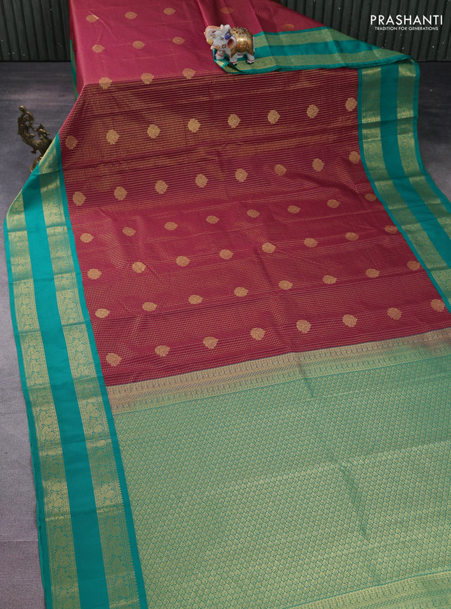 Semi kanchipuram silk saree dual shade of maroon and teal green with allover small zari checks & buttas and rettapet zari woven korvai border