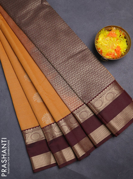 Semi kanchipuram silk saree mustard yellow and deep maroon with allover small zari checks & buttas and rettapet zari woven korvai border
