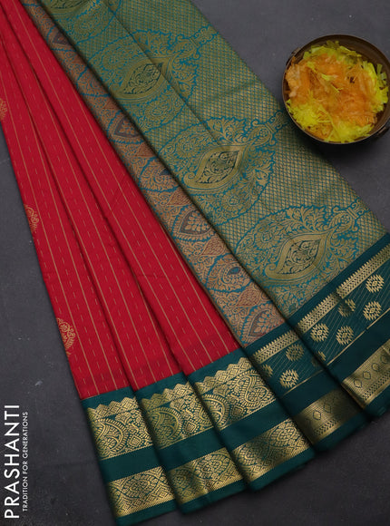 Semi kanchipuram silk saree pink and peacock green with allover zari weaves & buttas and zari woven korvai border