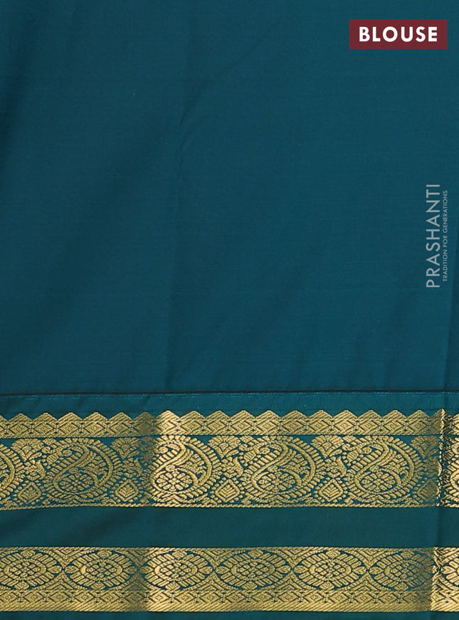 Semi kanchipuram silk saree pink and peacock green with allover zari weaves & buttas and zari woven korvai border