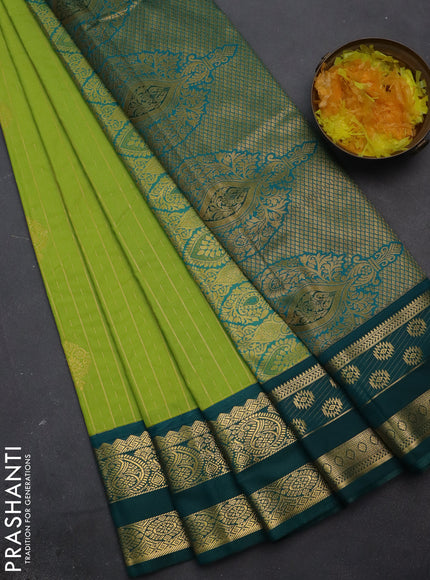 Semi kanchipuram silk saree fluorescent green and peacock green with allover zari weaves & buttas and zari woven korvai border