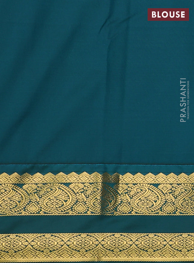 Semi kanchipuram silk saree fluorescent green and peacock green with allover zari weaves & buttas and zari woven korvai border