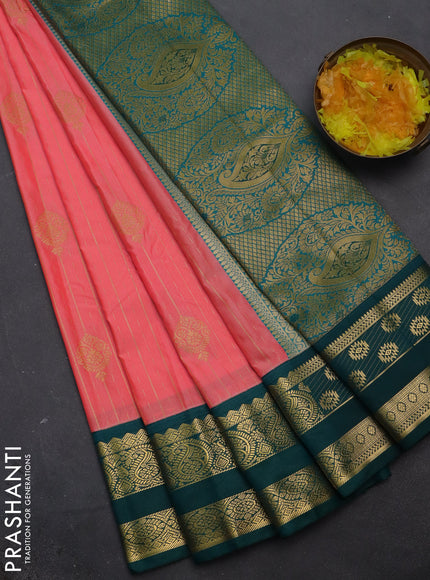Semi kanchipuram silk saree candy pink and peacock green with allover zari weaves & buttas and zari woven korvai border