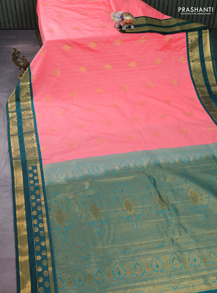 Semi kanchipuram silk saree candy pink and peacock green with allover zari weaves & buttas and zari woven korvai border
