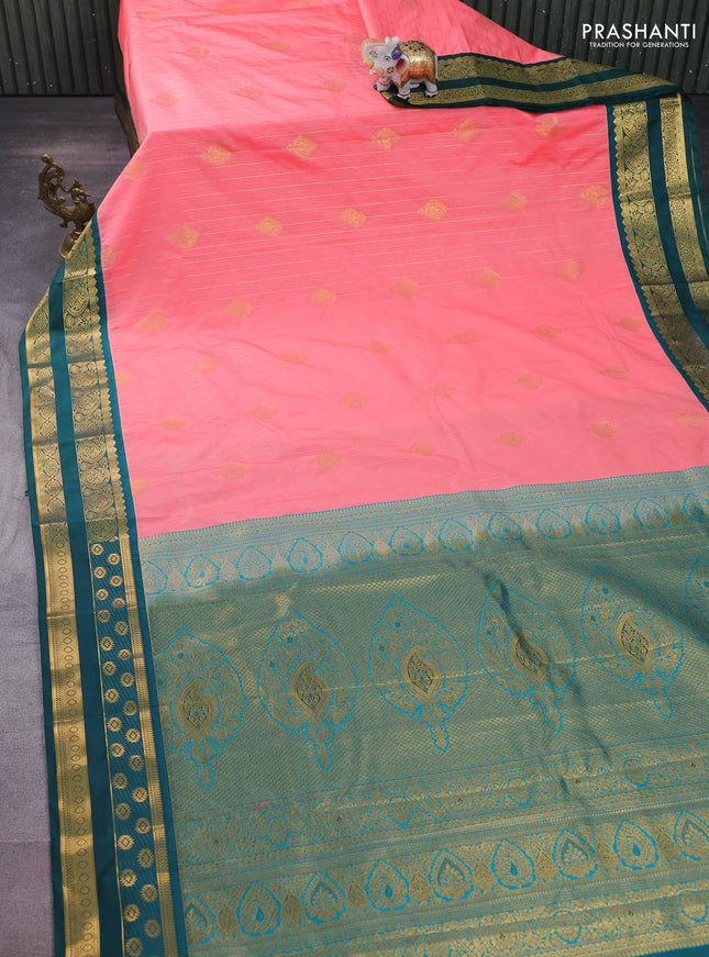 Semi kanchipuram silk saree candy pink and peacock green with allover zari weaves & buttas and zari woven korvai border