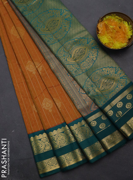 Semi kanchipuram silk saree sunset orange and peacock green with allover zari weaves & buttas and zari woven korvai border