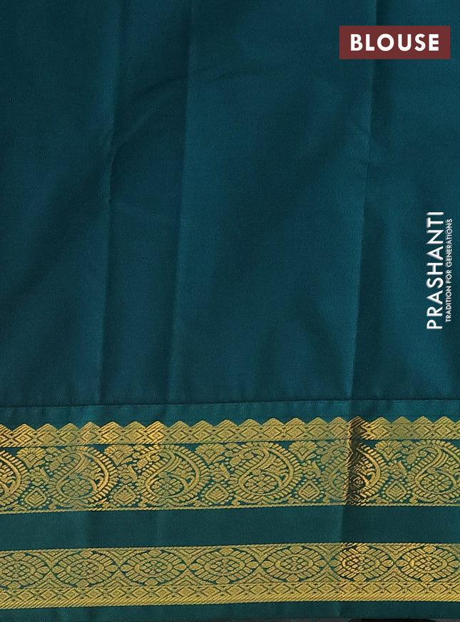 Semi kanchipuram silk saree sunset orange and peacock green with allover zari weaves & buttas and zari woven korvai border