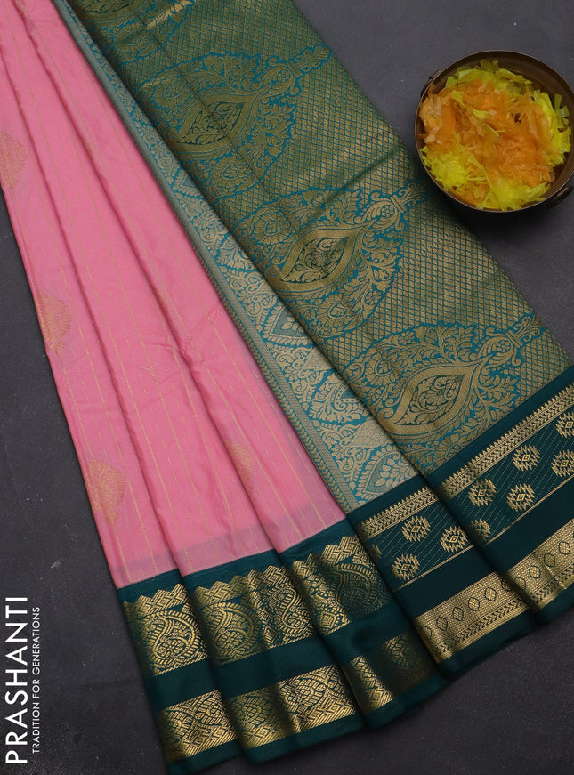 Semi kanchipuram silk saree candy pink and peacock green with allover zari weaves & buttas and zari woven korvai border