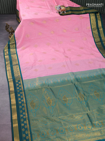Semi kanchipuram silk saree candy pink and peacock green with allover zari weaves & buttas and zari woven korvai border