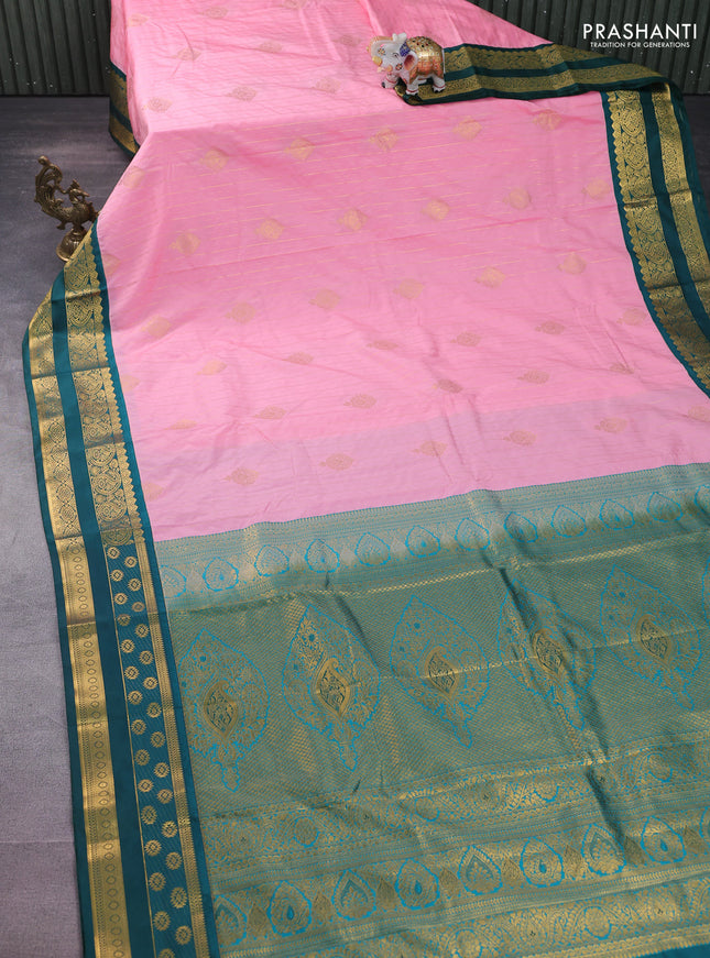 Semi kanchipuram silk saree candy pink and peacock green with allover zari weaves & buttas and zari woven korvai border