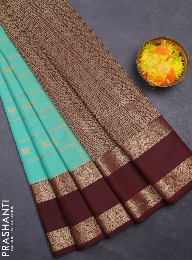Semi kanchipuram silk saree teal green and deep maroon with allover zari checks & buttas and rettapet zari woven korvai border