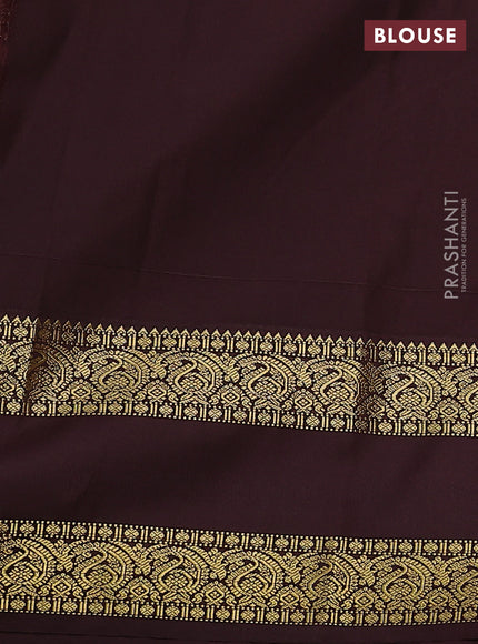 Semi kanchipuram silk saree lime yellow and coffee brown with zari woven buttas and rettapet zari woven korvai border