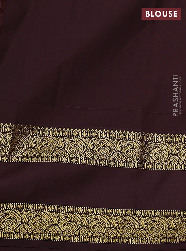 Semi kanchipuram silk saree lime yellow and coffee brown with zari woven buttas and rettapet zari woven korvai border